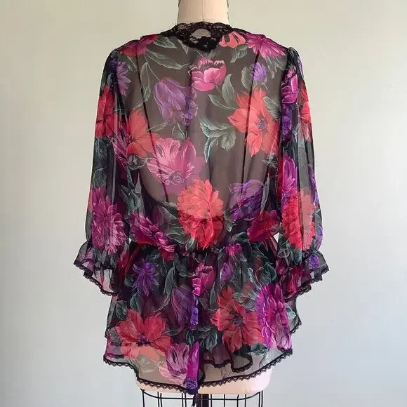 1980s Dark Floral Sheer Teddy & Bed Jacket Lucie Ann II Vintage Lingerie - Picture 3 of 9